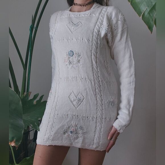 Vintage Cottagecore Sweater Dress Mini Hearts Flowers Embroidered 80s 90s Spring - Picture 3 of 6